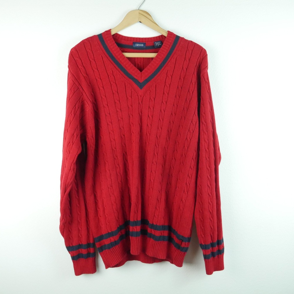 Izod Mens Red Cable Knit V-Neck Sweater Medium Tennis Varsity Preppy‎ Cotton